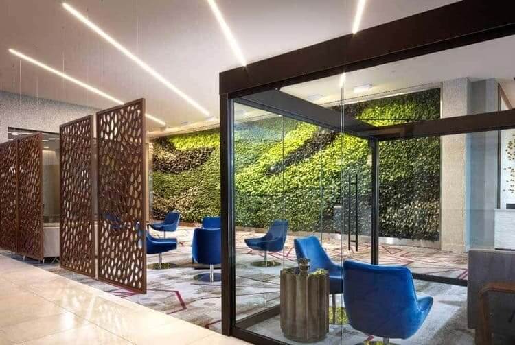 Vertical garden done by Natura in an office with blue chairs and brown dividers 
