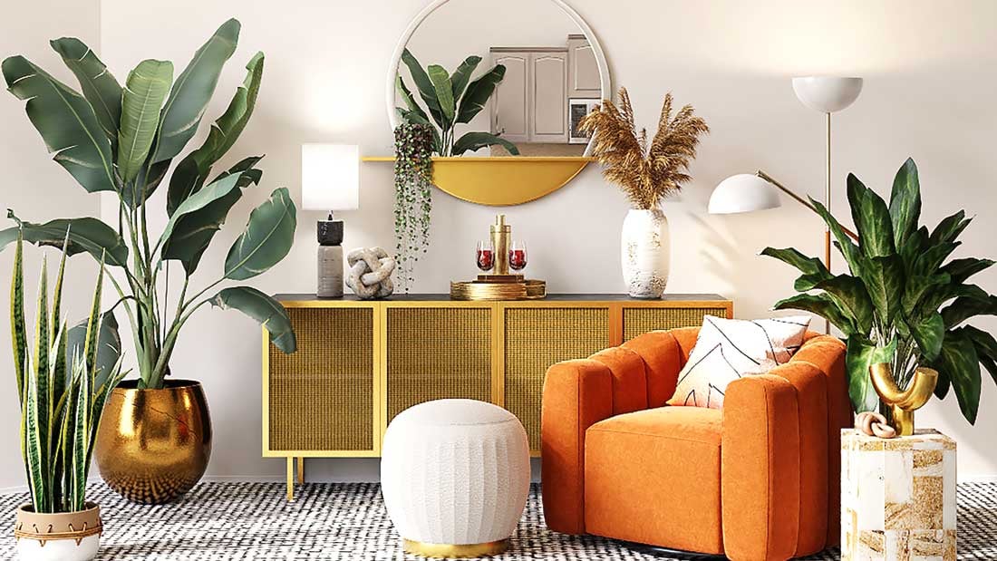 A room with an orange couch and indoor plants 