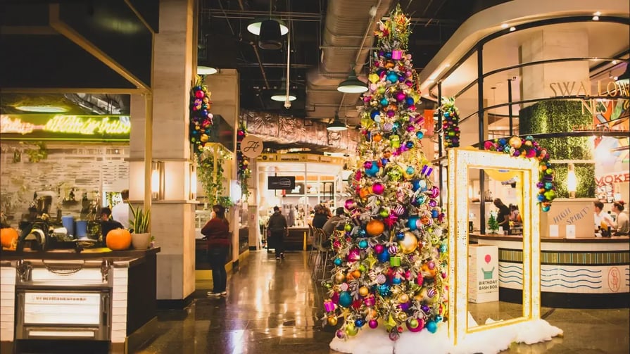 mall holiday decor in the food court 